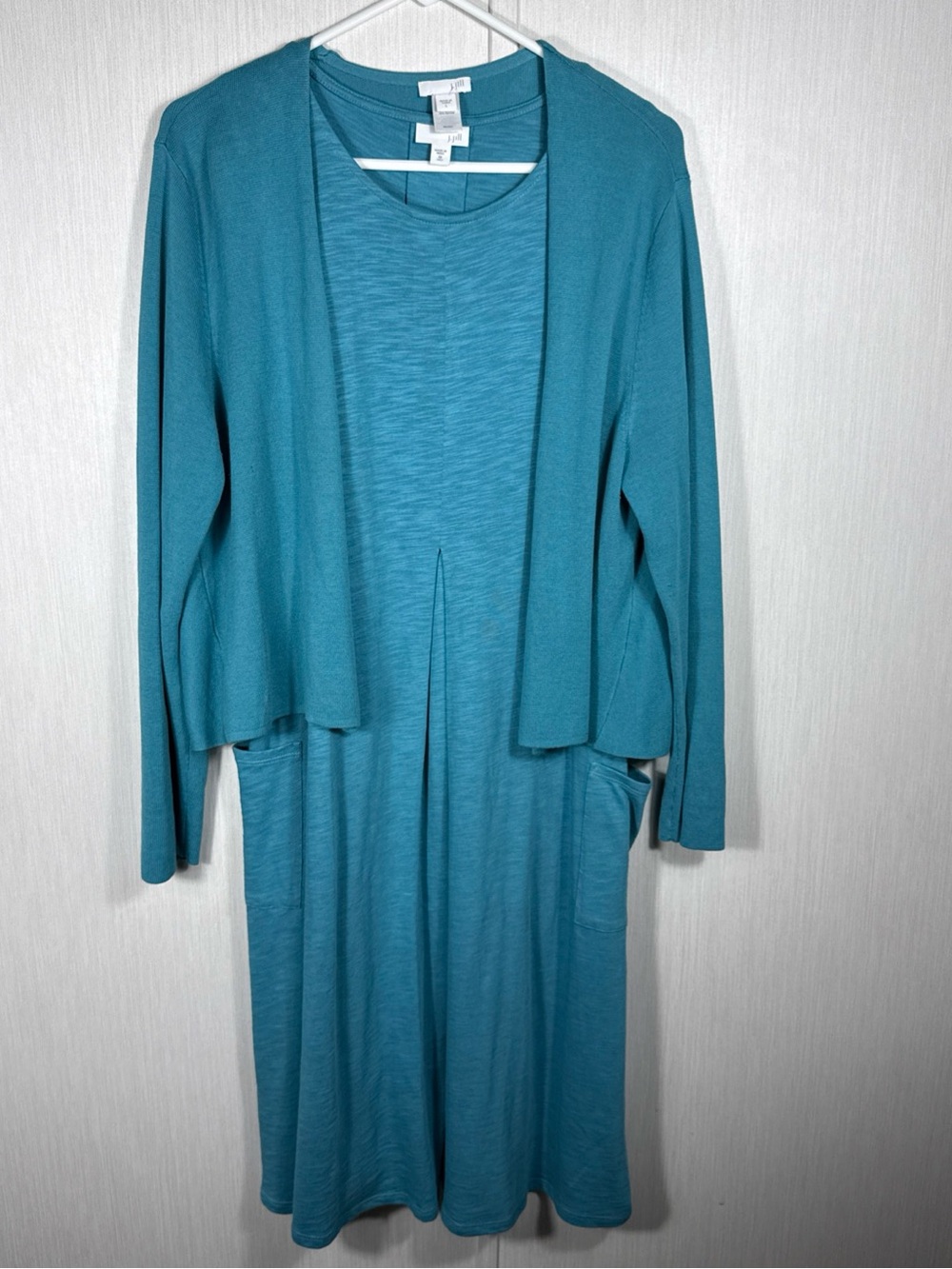 J. JILL set: Teal blue sleeveless M Tall dress & L cardigan Pockets Career